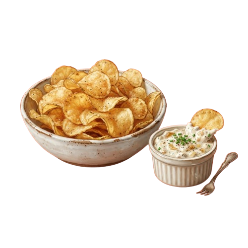 A bowl of golden potato chips next to a small dish of creamy white dip with green garnish and a spoon