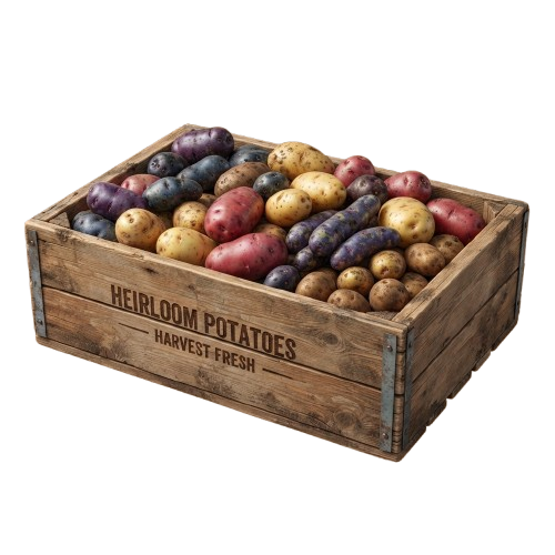 Wooden crate filled with various colorful heirloom potatoes labeled harvest fresh