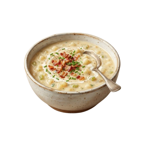 A bowl of creamy potato soup topped with chopped bacon and green onions, served with a spoon.