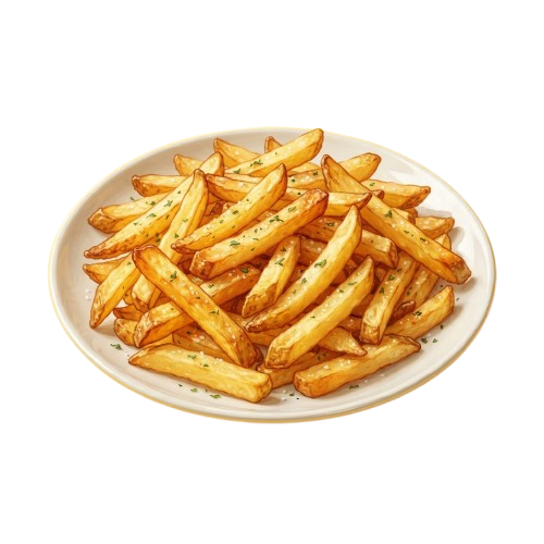 A white plate filled with golden, crispy baked French fries garnished with herbs