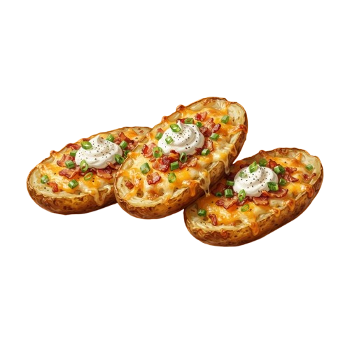 Three baked potato wedges topped with melted cheese, sour cream, green onions, and red peppers