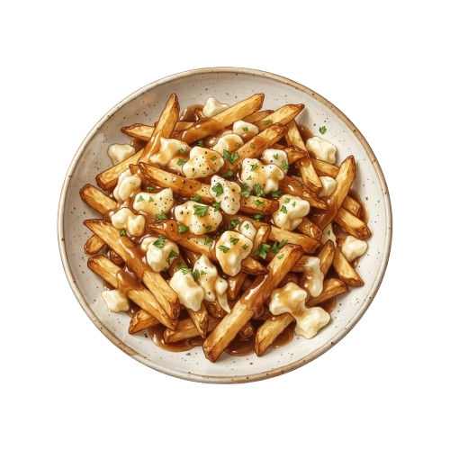 A plate of golden crispy fries topped with dollops of creamy cheese sauce and green onions