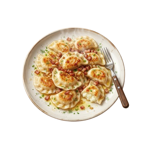 A white plate topped with golden-brown cheese-filled dumplings garnished with herbs and red spice flakes, served with a fork.