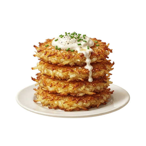 Stack of golden fried potato pancakes topped with white sauce and green herbs on a white plate