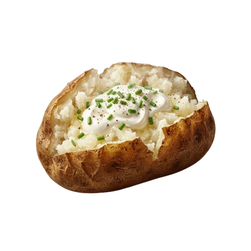 A baked potato filled with sour cream and garnished with chopped green chives