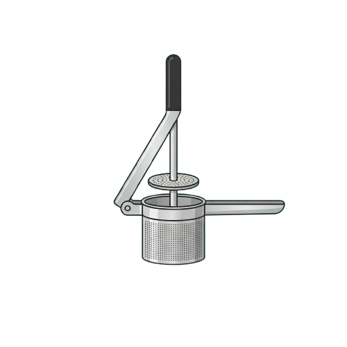 A manual citrus juicer with a pivoting handle and strainer basket for extracting juice from fruits like lemons and oranges