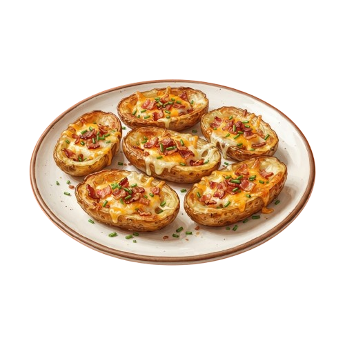 Six baked potatoes topped with melted cheese, bacon bits, and green onions on a white plate