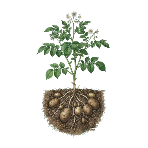 Illustration of a potato plant showing roots, tubers, and green foliage