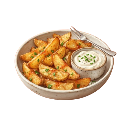 A white bowl filled with golden roasted potato wedges seasoned with herbs, served with a small side of creamy garlic dip and a fork