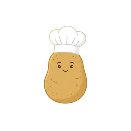 A smiling cartoon potato wearing a white chef hat