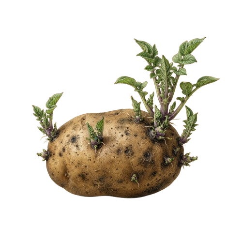 A potato with green sprouts and leaves growing out of its top against a black background