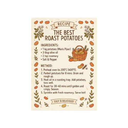 Illustrated recipe card showing ingredients and steps for making roast potatoes with potatoes and herbs.