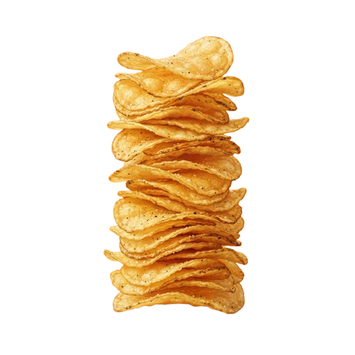 A tall stack of golden, crispy potato chips against a black background