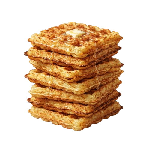 Stack of five golden-brown crispy waffle pieces