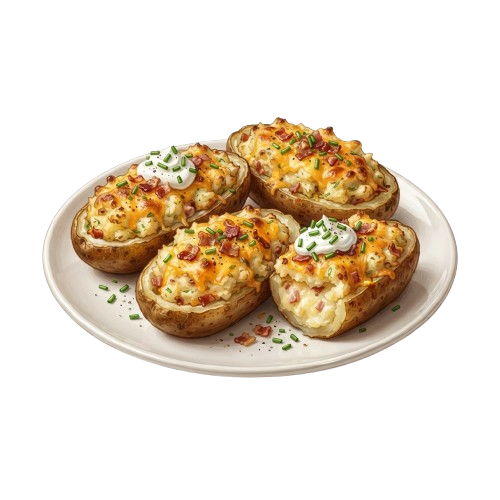 Five loaded baked potatoes topped with cheese, sour cream, chives, and bacon bits on a white plate