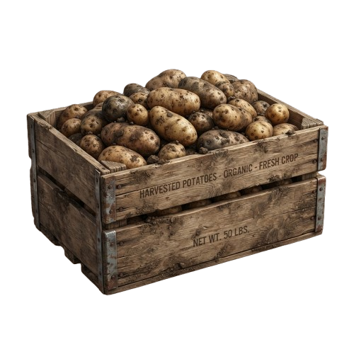 Wooden crate filled with organic harvested potatoes weighing 50 pounds
