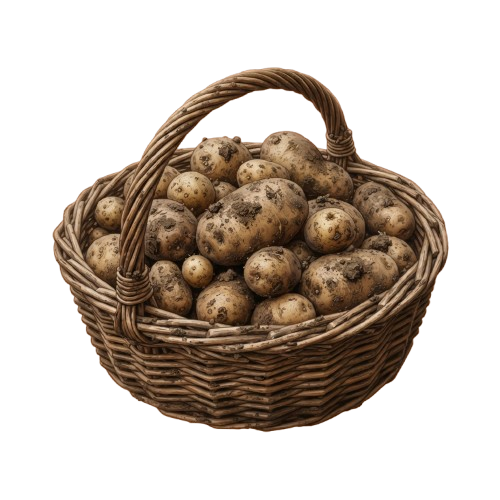 A woven basket filled with approximately 30 small to medium-sized potatoes.