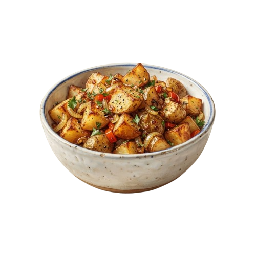 A white bowl filled with golden roasted potatoes garnished with herbs and red peppers
