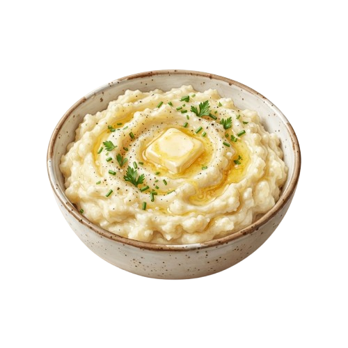 A bowl of creamy mashed potatoes topped with a pat of melted butter and chopped parsley