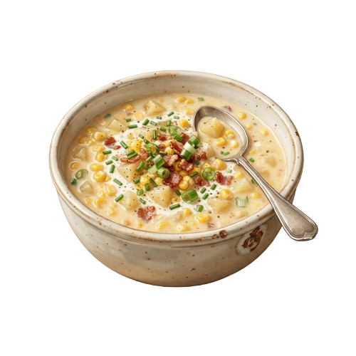 A bowl of creamy corn chowder topped with chopped chili peppers and green onions, served with a spoon.