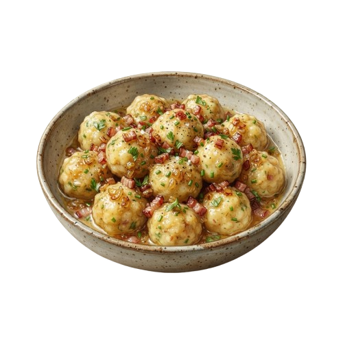 A ceramic bowl filled with meatballs topped with tomato sauce, herbs, and red chili flakes.