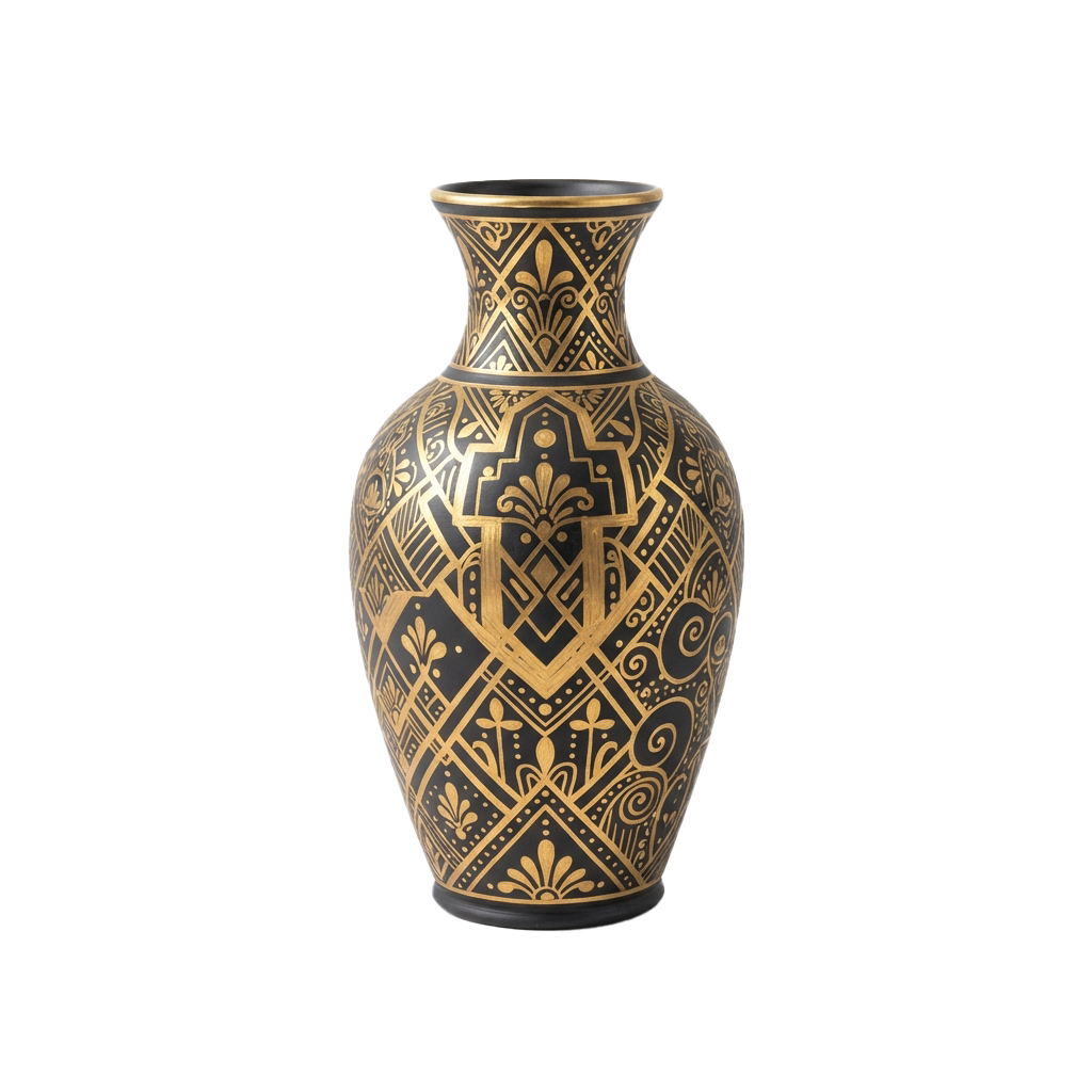 Ceramic vase with intricate gold floral and geometric patterns on a dark background