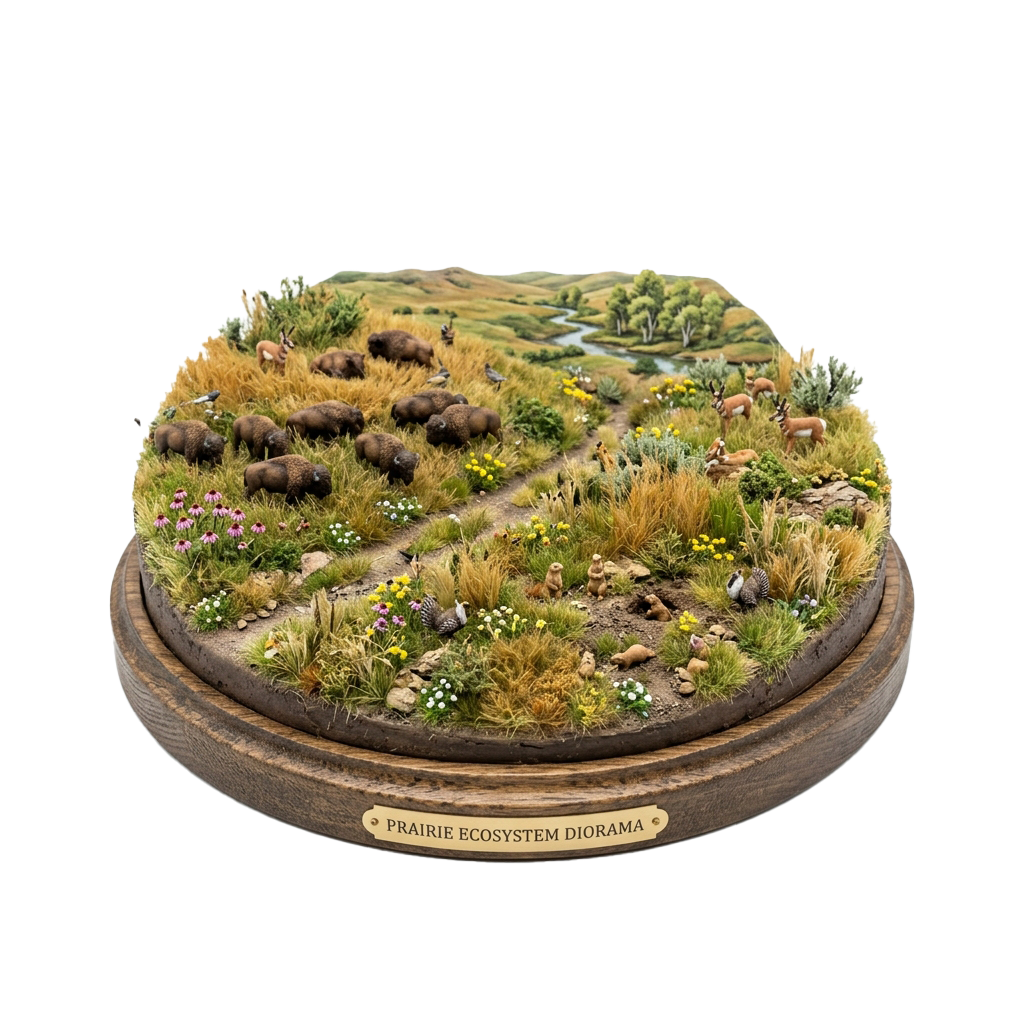 Diorama showing a prairie ecosystem with bison, small animals, plants, and a stream on a wooden base