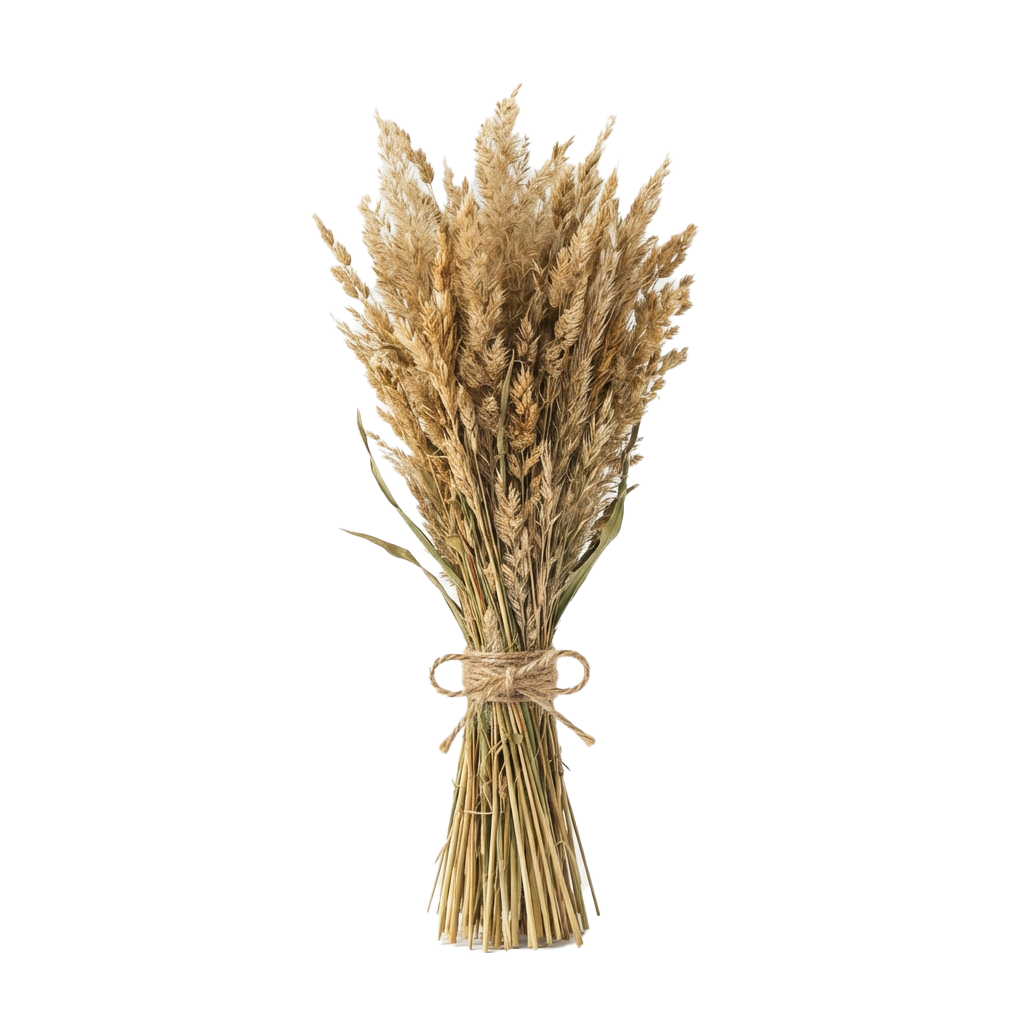 A bundle of dried pampas grass tied together with twine against a black background