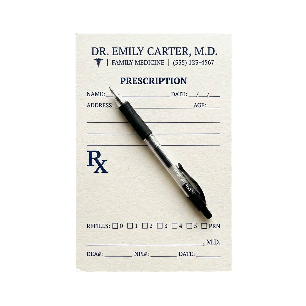 A prescription pad from a family medicine doctor with a pen resting on it.