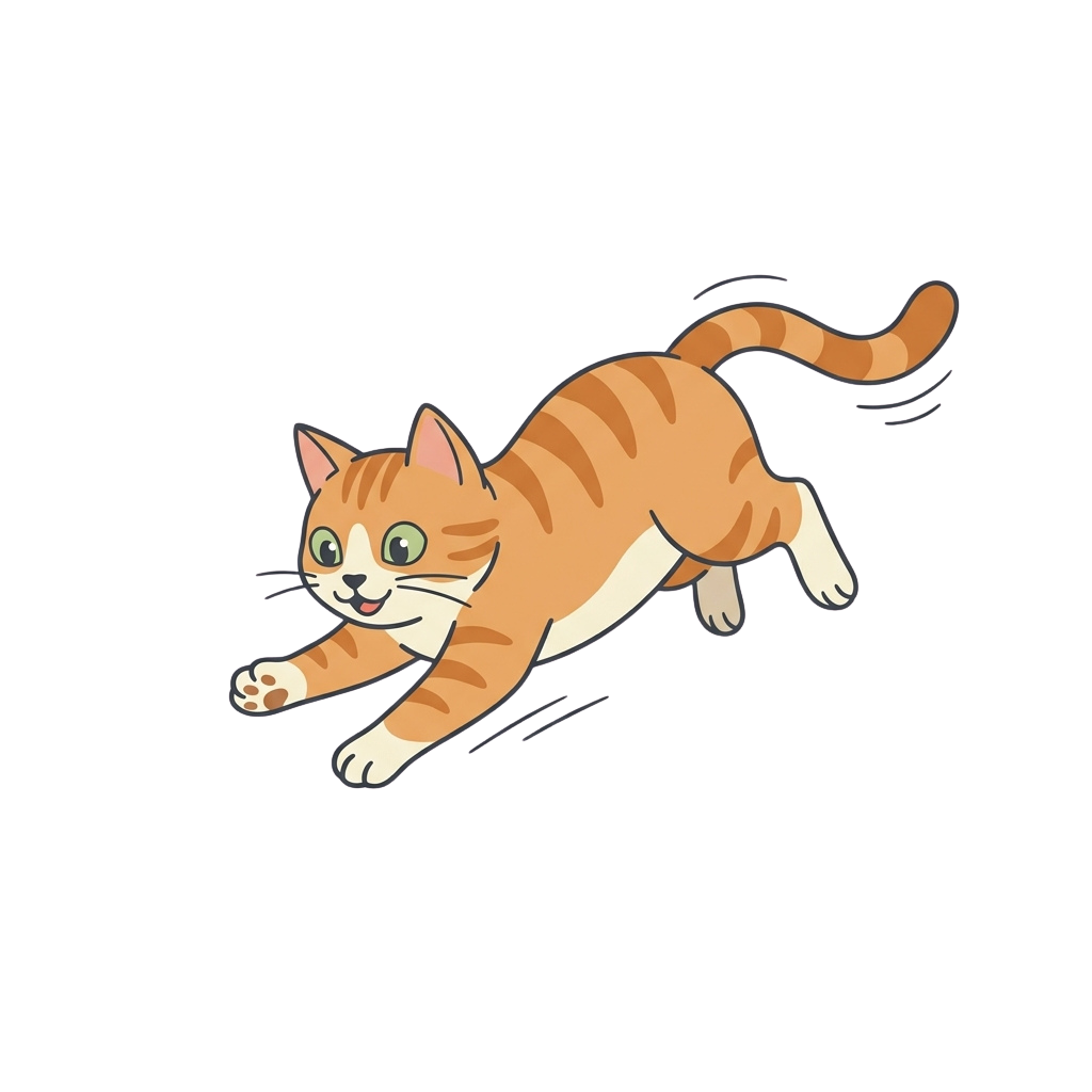 A cartoon ginger tabby cat mid-stride, running with a playful expression against a black background