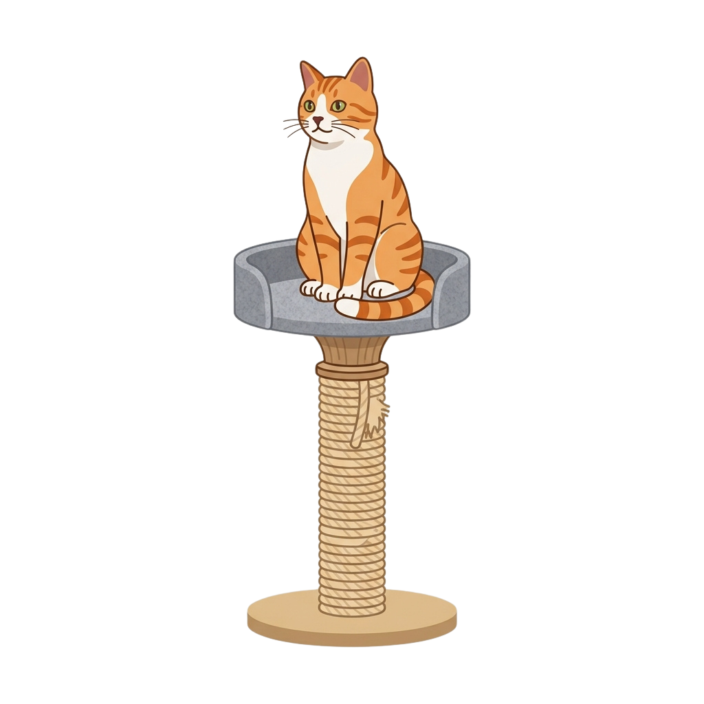 An orange and white striped cat sitting on a tall, cylindrical scratching post platform.