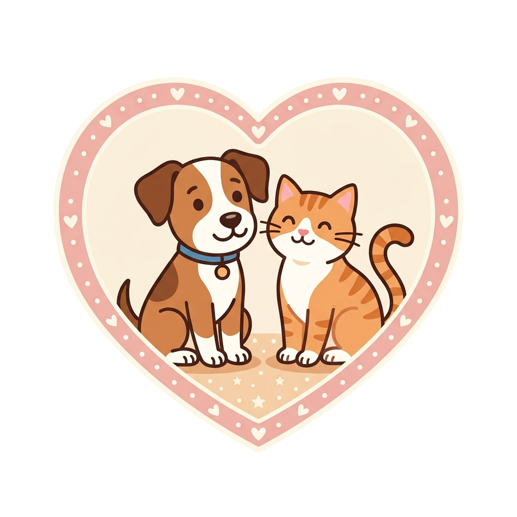 A cartoon dog and cat sitting inside a heart shape, smiling at each other.