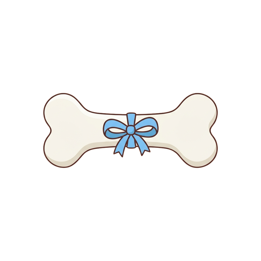 A bone-shaped object with a blue decorative bow tied around the center