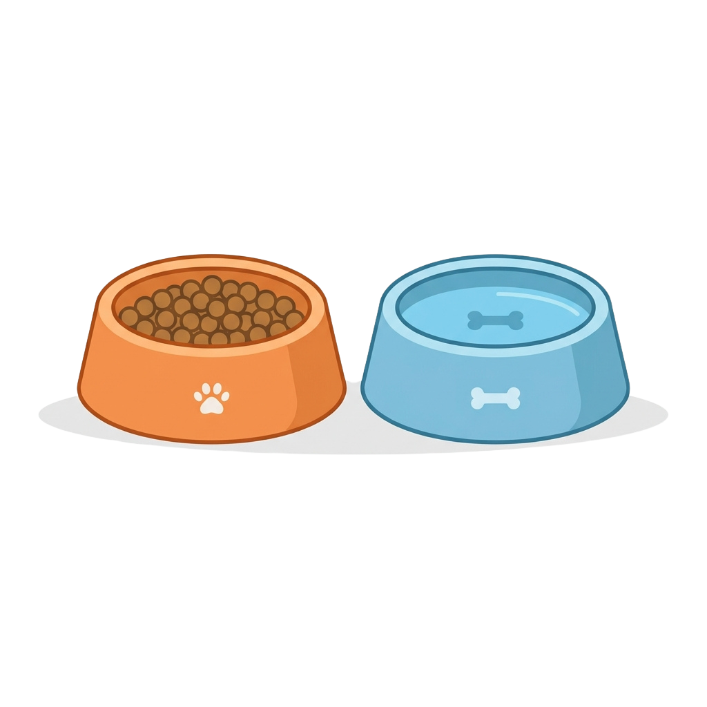 Two pet bowls side by side, one filled with dog kibble and the other with water, featuring paw and bone icons respectively