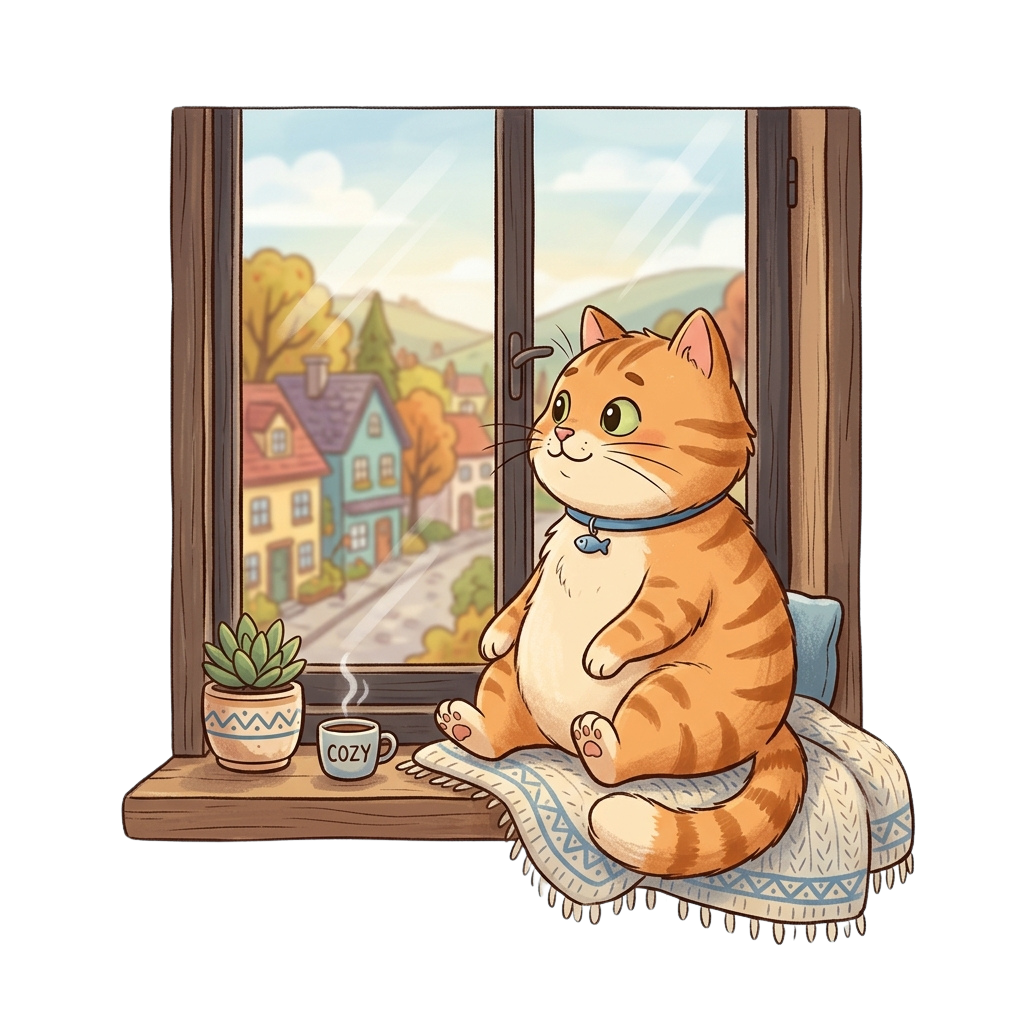 A chubby orange tabby cat sitting on a windowsill with a cup of coffee, enjoying a scenic outdoor view
