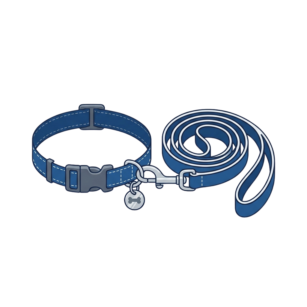 Blue dog harness with adjustable buckles and attached retractable leash on black background