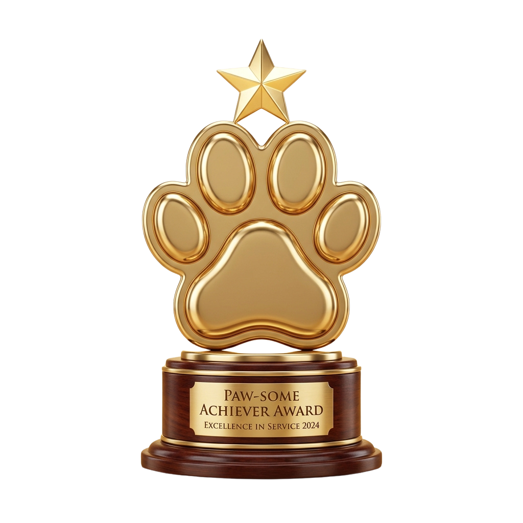 A golden paw-shaped trophy with a star on top, mounted on a wooden base, labeled Paw-Some Achiever Award for 2024.