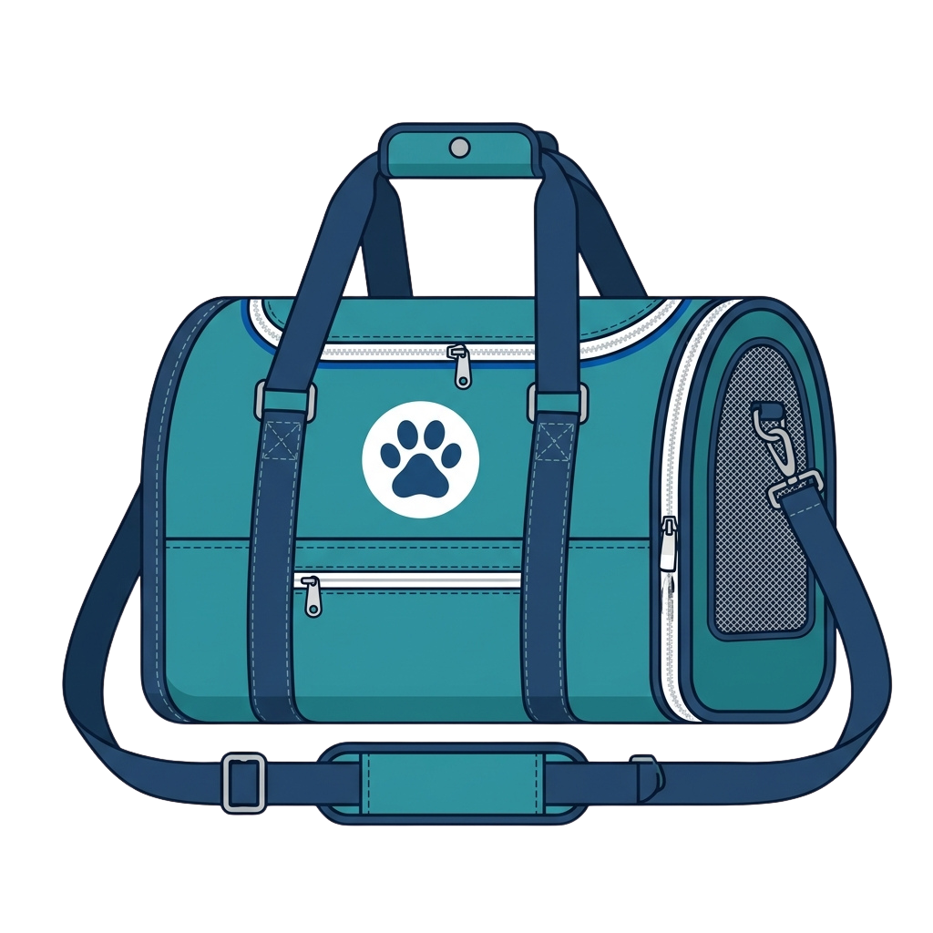 A teal pet carrier backpack with a white paw print logo and mesh window on the side.