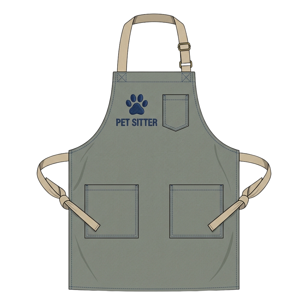 Gray apron with Pet Sitter text and paw print logo, two side pockets and adjustable straps