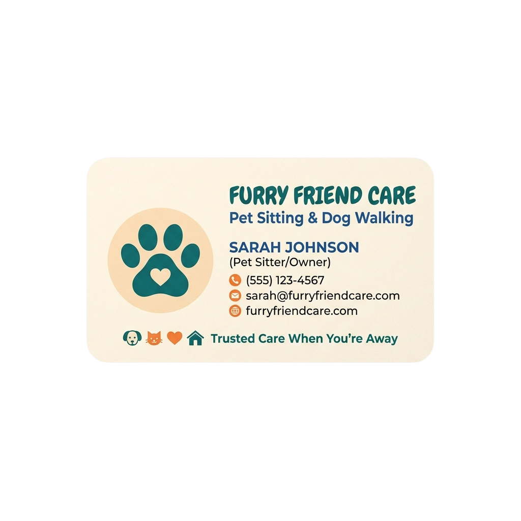 Business card for pet sitting and dog walking services featuring paw print logo, contact details, and trust symbols.