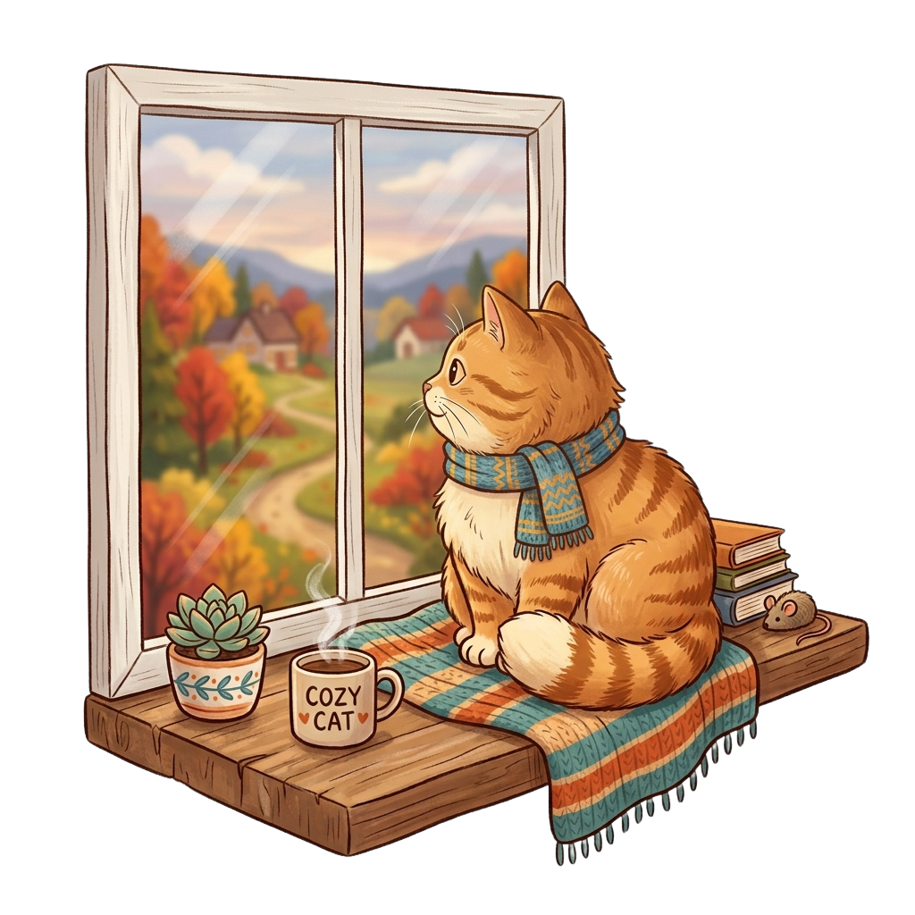 Cat wearing a scarf sits on a windowsill with a coffee cup, books, and a potted plant beside it, viewing a scenic autumn landscape outside.