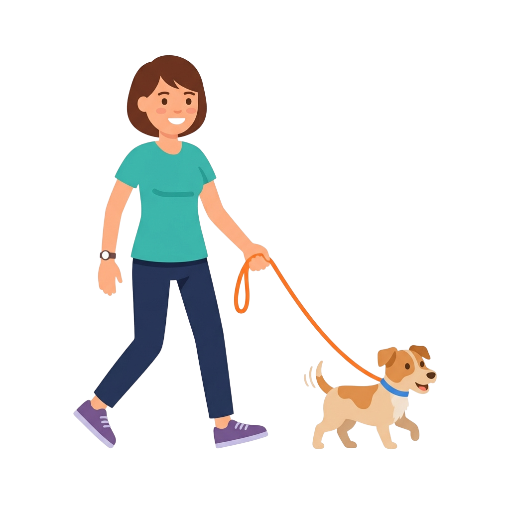 A woman walking a small brown and white dog on a leash in an outdoor setting