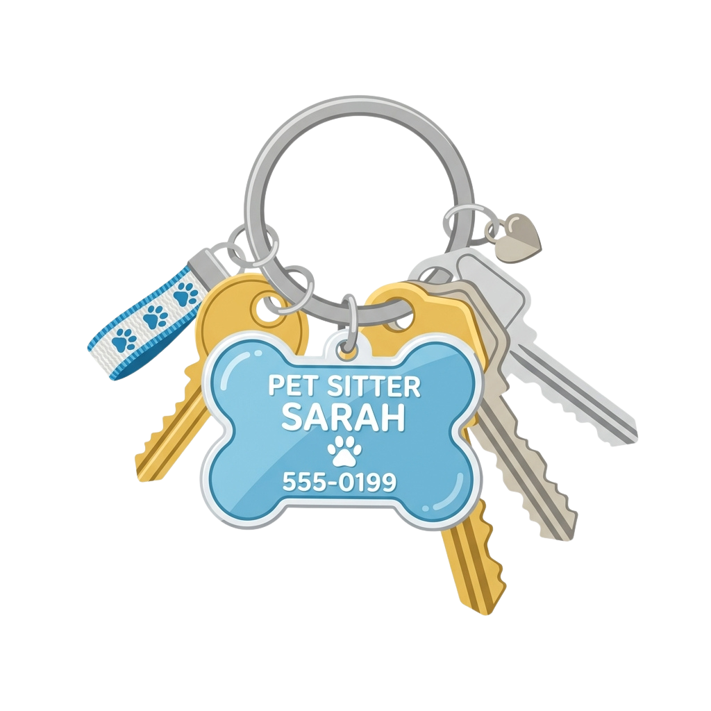Keychain with three keys and a bone-shaped tag labeled Pet Sitter, paw print icon, and phone number