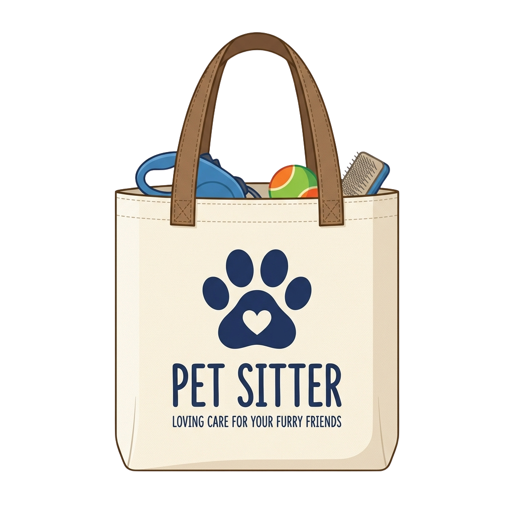 Tote bag labeled Pet Sitter with a paw print logo, carrying pet toys and brush