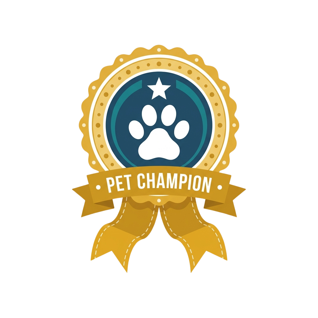 Award badge labeled Pet Champion featuring a paw print inside a blue circle with a star and gold ribbon