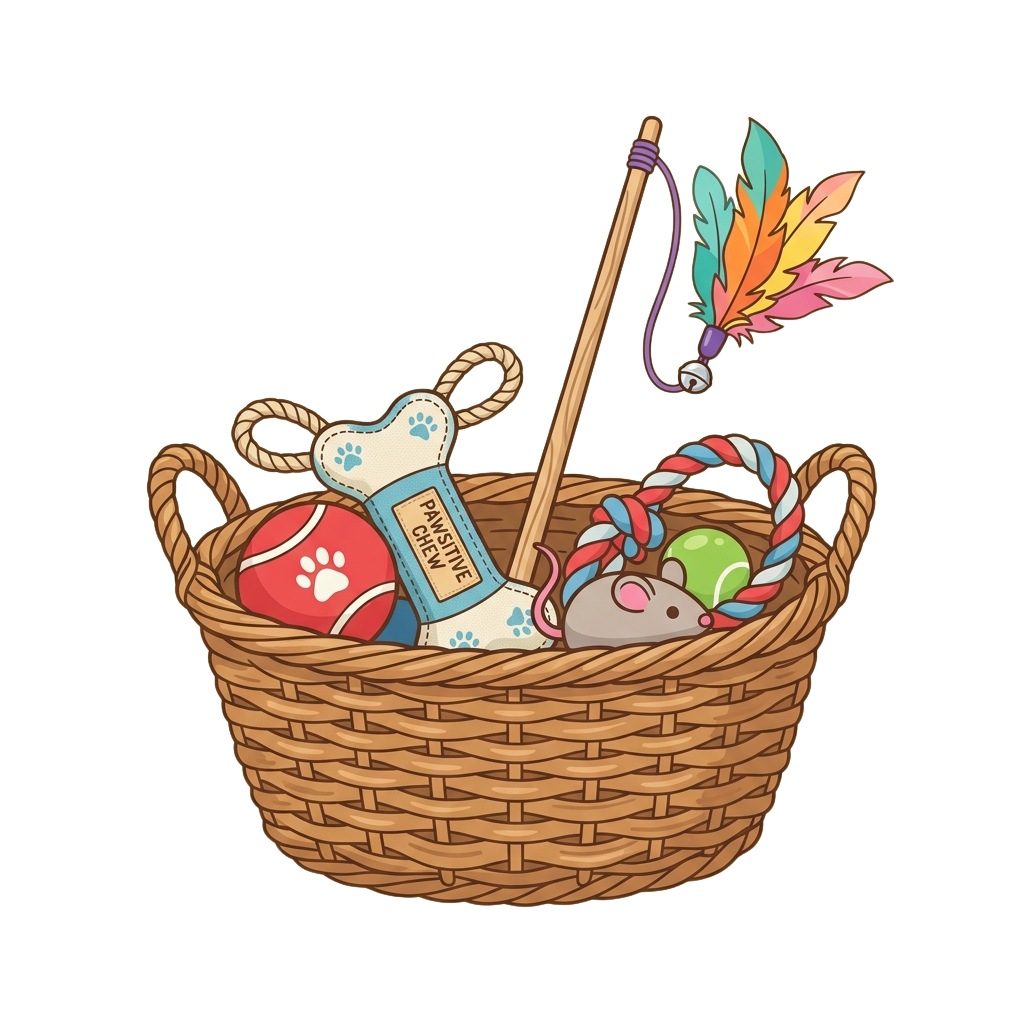 Basket filled with pet toys, treats, a collar, leash, and a decorative feathered toy on a black background