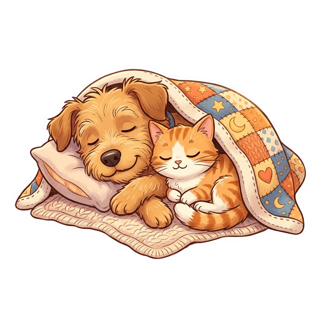A dog and a kitten sleeping peacefully together under a cozy blanket and pillow