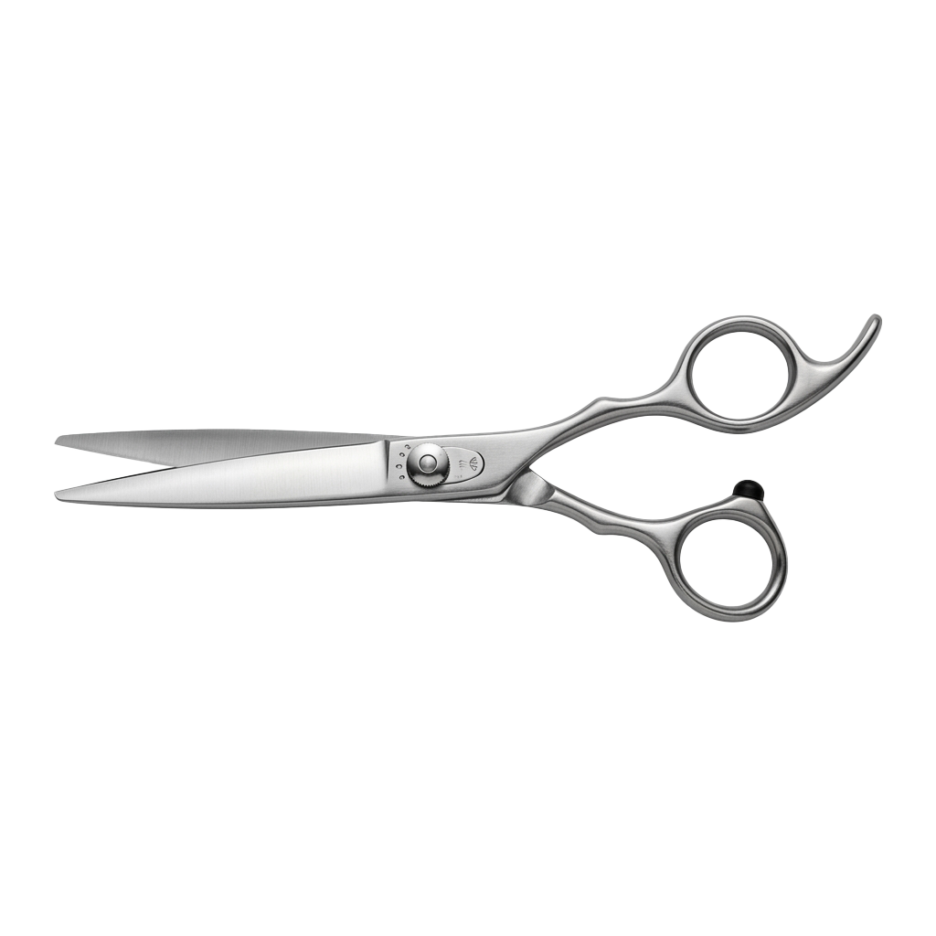 A pair of sleek, stainless steel hairdressing scissors with finger loops and a pivot screw.
