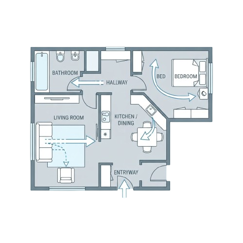 Floor plan of a compact apartment showing living room, kitchen, dining, bedroom, bathroom, hallway, and entryway