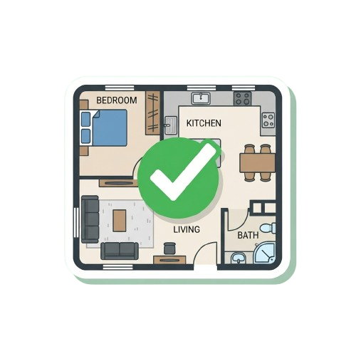 Illustration of a smart home floor plan showing bedroom, kitchen, living room, and bathroom with a green checkmark icon overlay